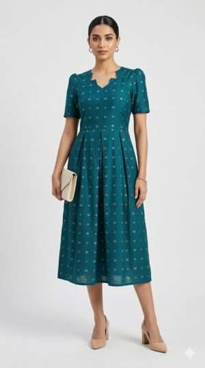 Elegant Pleated Flare Midi Dress with Notched Neckline & Puff Sleeves