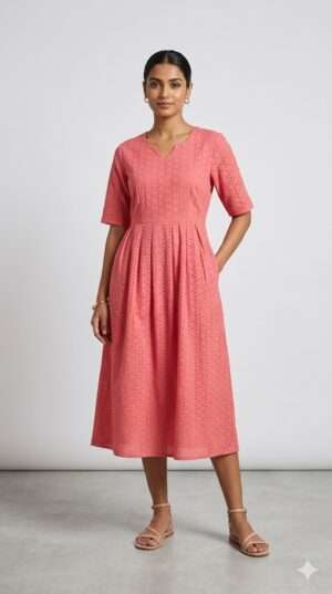 Coral Pink Eyelet Cotton Flare Midi Dress with Notch Neckline