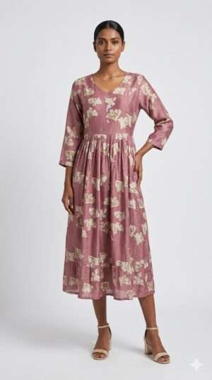Mauve Floral Print Cotton-Silk Flare Midi Dress – Elegant V-Neck A-Line Outfit Size-XL