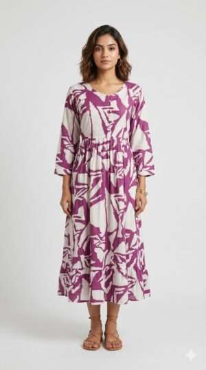 Plum Abstract Print Cotton Flare Midi Dress - Bohemian A-Line Summer Dress