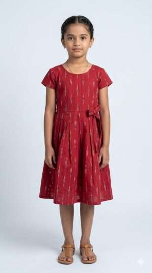 Crimson Charm: Handcrafted Ikat Pleated Frock for Girls Size-28inch