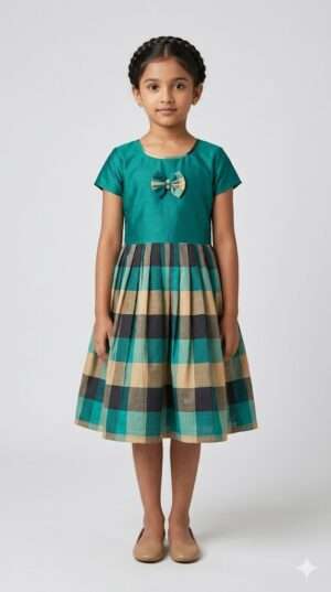 The Emerald Checkmate: Girls’ Handloom-Style Pleated Fusion Frock