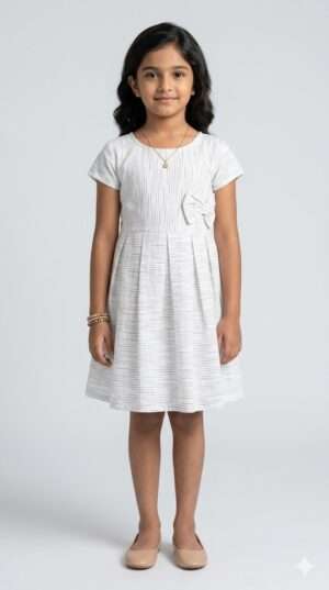 Elegant Girls' Striped Pleated Frock with Bow Accent