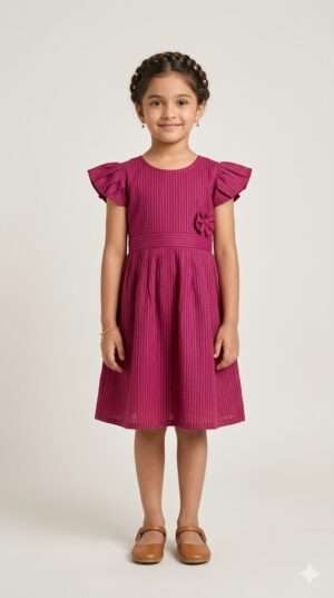 Elegant Vertical Striped Flutter Sleeve Frock for Girls