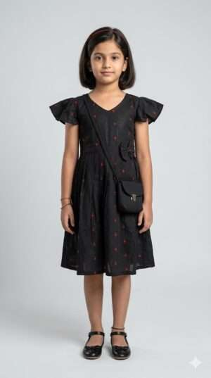Elegant Black & Red Cross-Stitched Party Frock for Girls