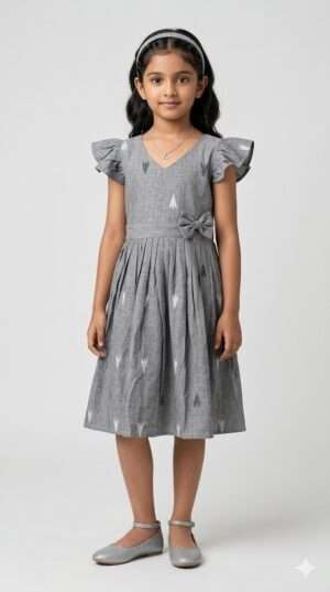 Silver Mist Ikat Pleated Frock with Flutter Sleeves