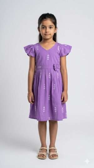 Lovely Lavender Flutter-Sleeve Girls' Frock – Floral Print Cotton Summer Dress