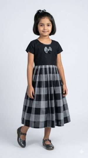 Girls' Black & Grey Checkered Cotton Frock – Classic Pleated Party Dress