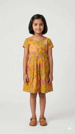 Mustard Yellow Floral Print Cotton Frock for Girls – Summer Casual Dress