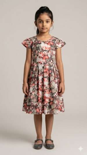Elegant Coral Floral Print Cotton Frock for Girls – Pleated Summer Party Dress