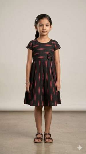Handcrafted Black & Red Ikat Cotton Frock for Girls | Ethnic Handloom Summer Dress Size-26