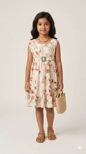 Girls' Vintage Cream Floral Crinkle Frock with Belted Waist & Ruffle Hem Size-26