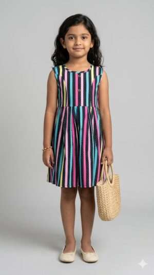 Girls' Vibrant Sleeveless Striped Frock – Multi-Color Polka Dot Summer Party Dress Size-24