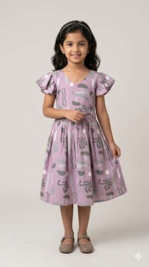 Girls Lavender Abstract Print Cotton Frock - Flutter Sleeve Summer Dress Size-28
