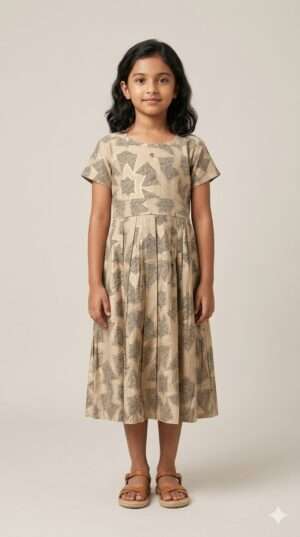 Earthy Beige Star-Patterned Cotton Frock for Girls – Geometric Midi Dress Size-28