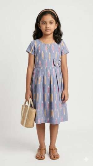 Girls Blue Ikat Cotton Pleated Frock with Bow Detail – Traditional Ethnic Summer Dress