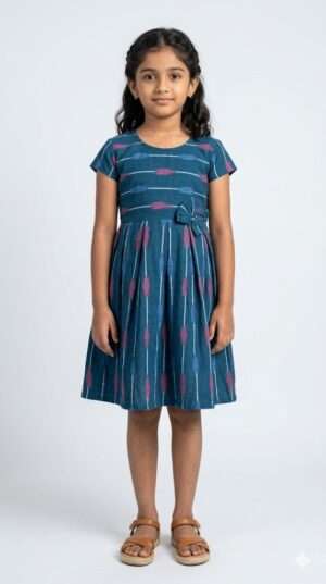 Teal Blue Handloom Ikat Cotton Frock for Girls with Bow Detail