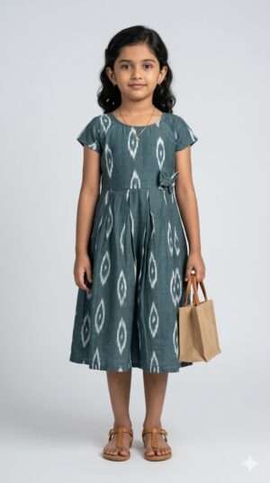 Teal Blue Girls Ikat Cotton Frock – Handloom Ethnic Summer Dress