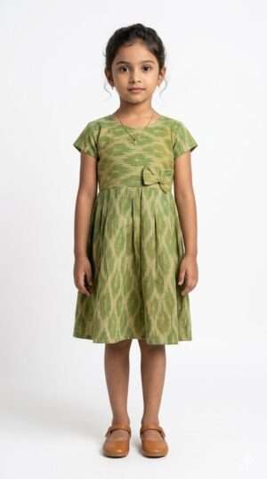 Green Handloom Ikat Cotton Frock for Girls | Traditional Ethnic Pleated Dress Size-26