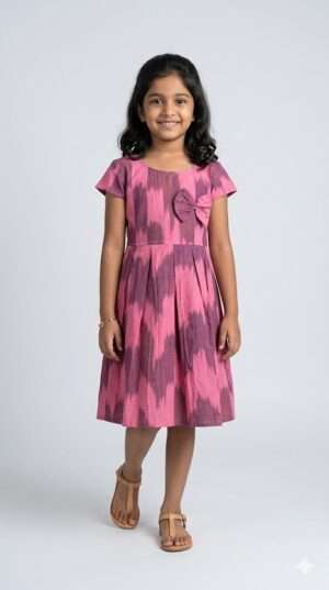 Pink & Purple Ikat Print Cotton Frock for Girls – Elegant Pleated Dress with Bow Detail