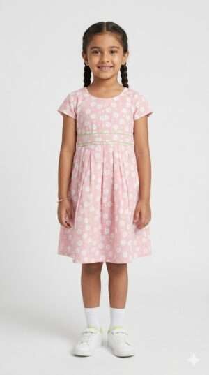 Girls Pink Pomegranate Print Pleated Cotton Frock – Casual Summer Cap-Sleeve Dress Size-26