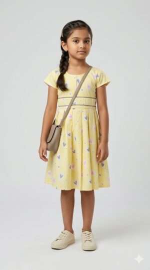 Sunny Hearts Pleated Cotton Frock for Girls – Lemon Yellow Casual Summer Dress Size-26