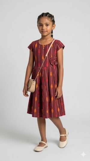 Elegant Maroon Ikat Print Cotton Frock for Girls – Handcrafted Ethnic A-Line Dress with Bow Detail