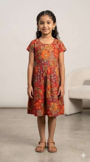 Vintage Bloom Rust Orange Floral Cotton Frock for Girls