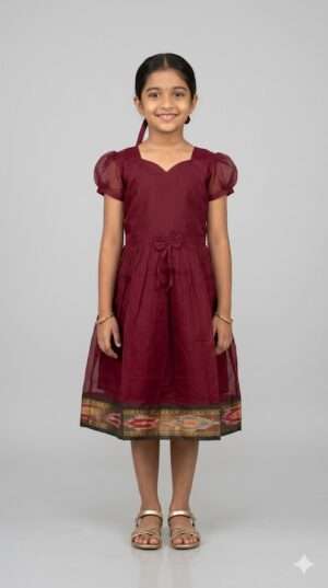 Girls Traditional Maroon Red Ethnic Frock with Ikkat Style Border & Puff Sleeves
