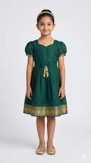 Girls Emerald Green Ethnic Frock with Golden Zari Border & Puff Sleeves