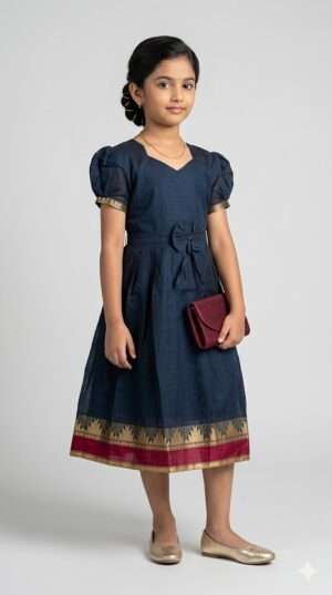 Girls Navy Blue Traditional Silk Frock with Gold Zari Temple Border & Puff Sleeves