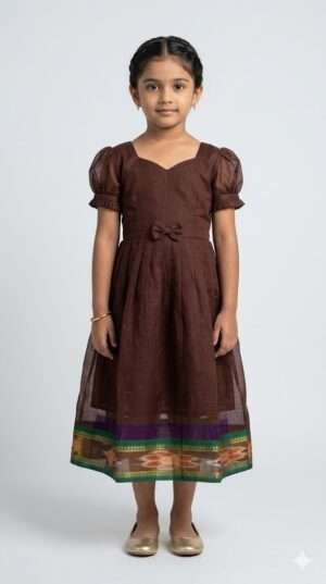 Girls Chocolate Brown Handloom Cotton Frock with Traditional Ikat Border & Puff Sleeves