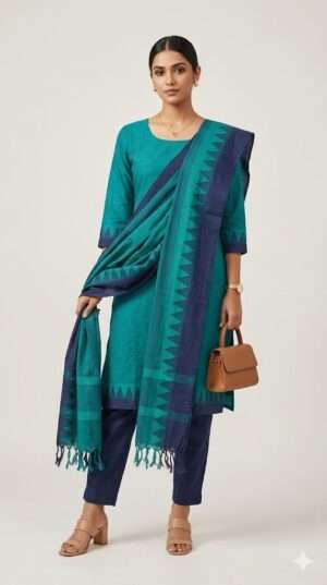 Azure Teal & Navy Blue Geometric Cotton Kurti Set - 3-Piece Ethnic Ensemble Size-L