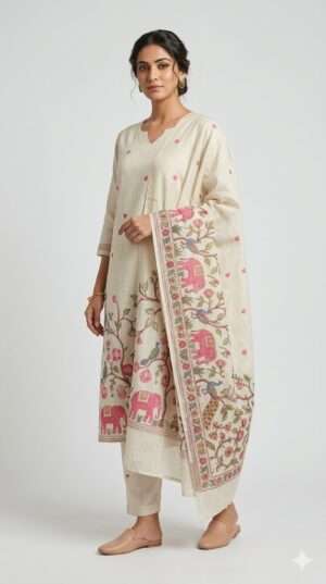 Ivory Heritage: Handcrafted Elephant & Peacock Motif Kurti Set with Dupatta