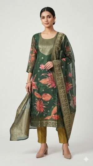 Bottle Green Tissue Silk Kurti with Hand-Block Floral Prints & Dupatta Size-XL