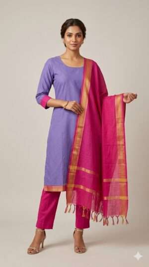 Lavender Mist Zari Border Kurta Set with Rani Pink Dupatta Size-L