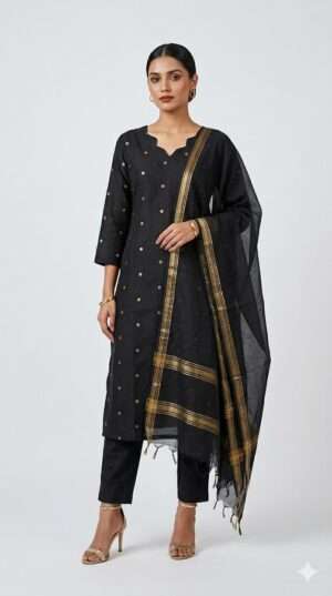 Black Raw Silk Kurti Set with Gold Zari Dupatta – 3 Piece Ethnic Wear Size-XXXL
