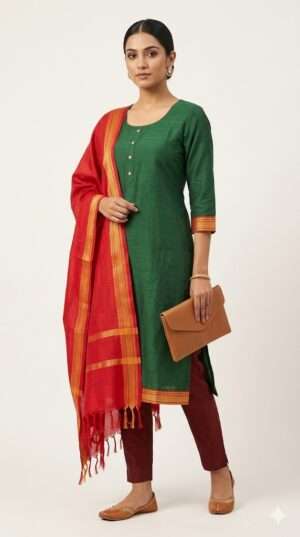 Forest Green Silk Blend Straight Kurta Set with Red Zari Dupatta & Maroon Pants Size-L