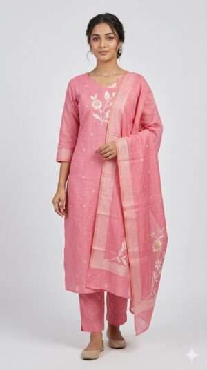 Elegant Blush Pink Muslin Kurta Set with Scalloped Neckline & Floral Embroidery