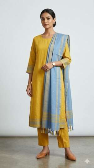 Mustard Yellow Cotton Straight Kurti Set with Contrast Blue Striped Dupatta Size-L