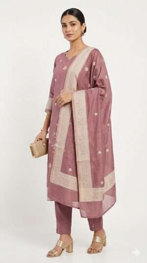 Mauve Silk Blend Embroidered Kurta Set with Woven Banarasi Dupatta – 3 Piece Festive Suit