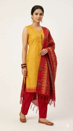 Mustard Yellow Sleeveless Kurta Set with Red Trousers & Printed Dupatta Size-L
