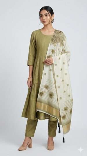 Olive Green Tiered Kurti Set with Floral Printed Dupatta & Trousers (3-Piece Set)