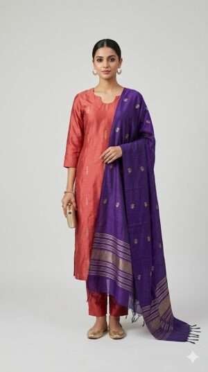 Elegant Salmon Pink Silk Kurta Set with Purple Zari Dupatta – 3-Piece Festive Ensemble