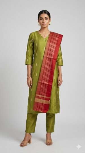 Elegant Olive Green Silk Kurti Set with Red Banarasi Dupatta – 3-Piece Festive Ensemble