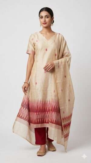 Elegant Beige Tussar Silk Kurti Set with Scalloped Neck & Maroon Temple Border