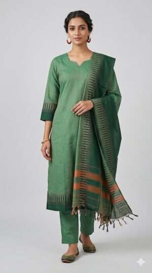 Sage Green Handloom Cotton Kurta Set with Ikat Temple Border & Striped Dupatta Size-L