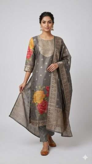 Charcoal Grey Floral Digital Print Silk Kurti Set with Zari Embroidery & Dupatta Size-L