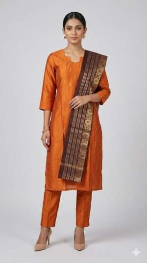 Rust Orange Silk Kurta Pant Set with Zari Bordered Brown Dupatta