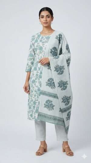 Mint Bliss Floral Cotton Kurta Set with Striped Trousers & Dupatta (3-Piece)